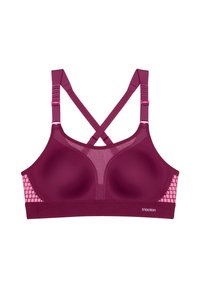 Syvä burgundinpunainen urheiluliivit muotoilluilla kupeilla, verkkopaneeleilla ja vaaleanpunaisilla geometrisilla korostuksilla; säädettävät ristinauhat tukevuutta varten.