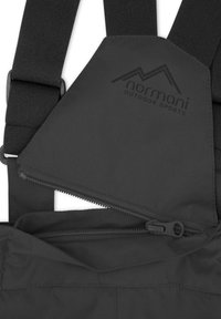 Nahaufnahme eines schwarzen Normani Outdoor-Sportbibs mit verstellbaren Trägern und teilweise geöffnetem Reißverschlussfach.