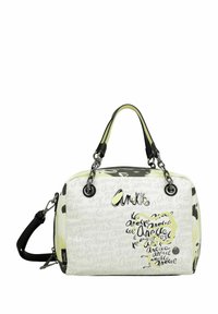 Sac à main blanc avec motifs abstraits noirs et jaunes, double anses, bandoulière amovible et finition brillante avec détails du logo.