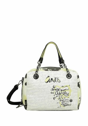 Sac à main blanc avec motifs abstraits noirs et jaunes, double anses, bandoulière amovible et finition brillante avec détails du logo.