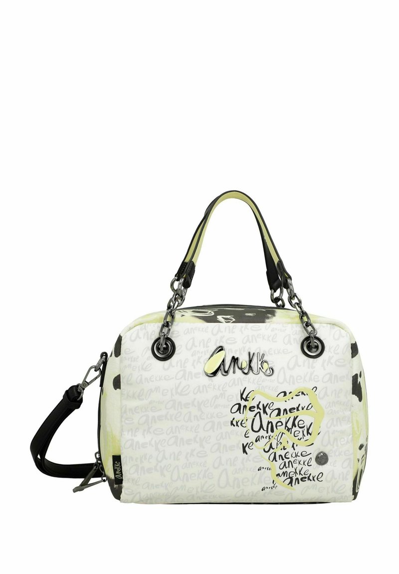 Sac à main blanc avec motifs abstraits noirs et jaunes, double anses, bandoulière amovible et finition brillante avec détails du logo.
