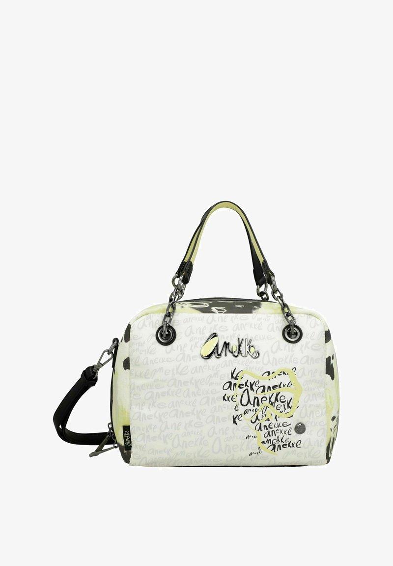 Sac à main blanc avec motifs abstraits noirs et jaunes, double anses, bandoulière amovible et finition brillante avec détails du logo.