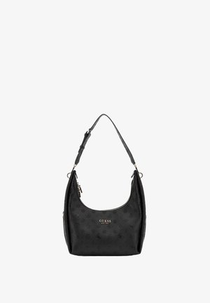 Schwarze synthetische Schultertasche mit geprägtem Logo-Muster, geschwungener Form, verstellbarem Trageriemen, Reißverschluss und silberfarbenen Hardware-Details.
