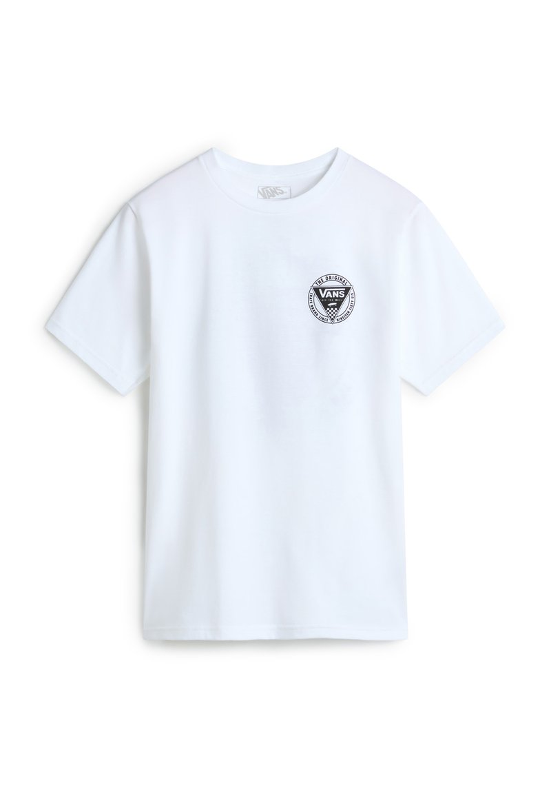 Camiseta de algodón blanca con cuello redondo y mangas cortas. Incluye el logo circular negro de Vans en el lado izquierdo del pecho. Diseño simple y ligero.