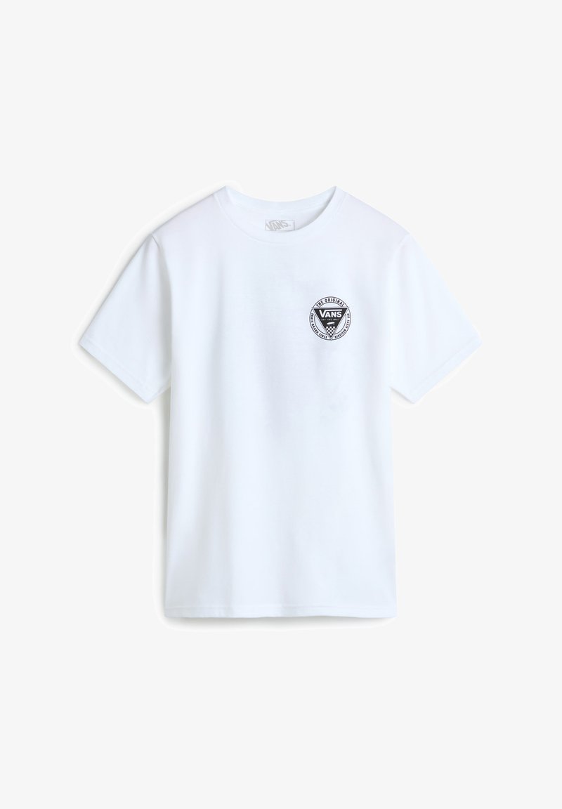 Bílá bavlněná tričko s kulatým výstřihem a krátkými rukávy. Obsahuje černé kruhové logo Vans na levém prsu. Jednoduchý, lehký design.