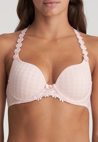 Light pink bralette with a checked pattern, lace-accented straps, scalloped trim, and a small rose detail at the center.