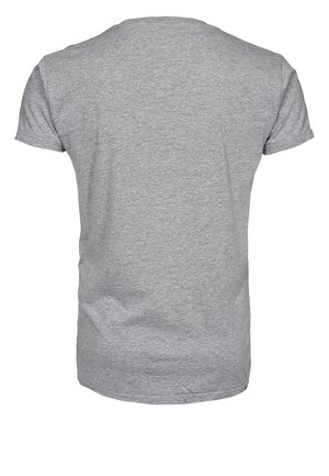 Schlichtes, hellgraues T-Shirt mit kurzen Ärmeln, Rückansicht, Rundhalsausschnitt und feiner Stoffstruktur.