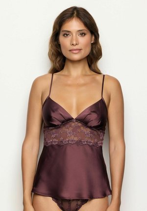Satin-Bordeaux-Lingerie-Set mit verstellbaren Trägern, floralem Spitzenbesatz an der Taille und einem fließenden Saum. Dekorative Spitzelemente sind enthalten.