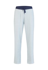 Lichtblauwe pyjamabroek met witte verticale strepen. Voorzien van een marineblauwe tailleband met trekkoord en een rechte pijp. Zachte stoftextuur.