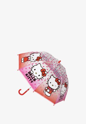 Transparante dome-paraplu met rode handvat, roze stippen en Hello Kitty gezichten en tekst op de panelen.