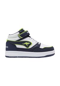 Mid-top sneaker in white, navy, and neon green. Features synthetic upper, hook-and-loop strap, perforated toe, and textured suede accents.