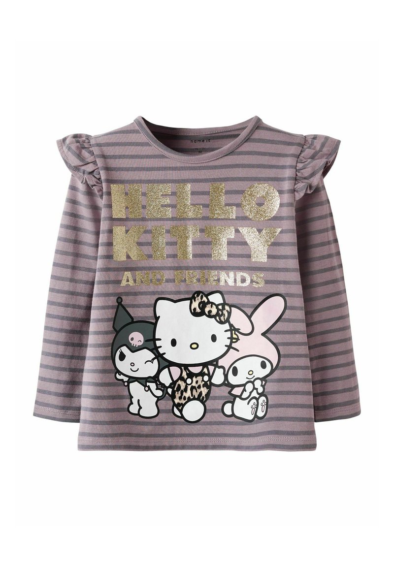 Lila randig långärmad skjorta med volangärmar, prydd med en grafisk bild av Hello Kitty och vänner på framsidan, framhävd med metalliskt guldtext.