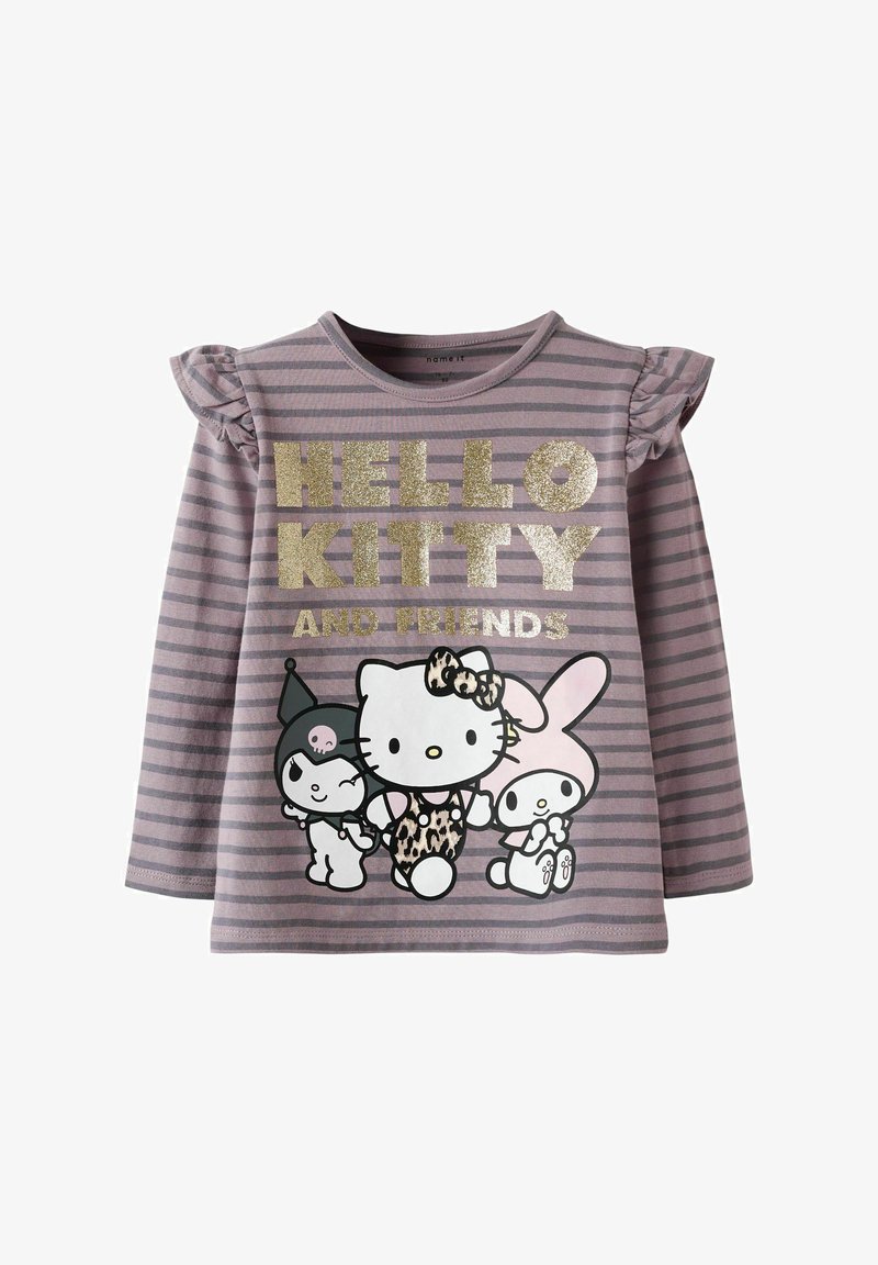 Lila gestreiftes Langarmshirt mit Rüschensleeves, das ein grafisches Motiv von Hello Kitty und ihren Freunden auf der Vorderseite zeigt, ergänzt durch metallisch goldenen Text.
