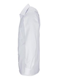 Camicia bianca a maniche lunghe con colletto classico, tasca sul petto e polsini con bottone. Realizzata in tessuto liscio, con una leggera texture.