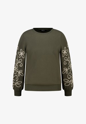 Olijfgroene sweatshirt met lange mouwen, versierd met witte bloemenborduursels. Beschikt over een ronde halslijn en ribgebreide manchetten en onderkant.