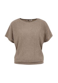 Brun kortärmad tröja med rundad halsringning, mjuk textur och vertikal ribbstickning genom hela tyget.