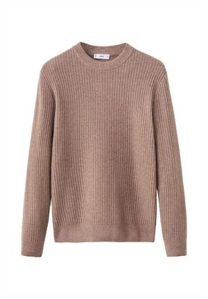 Pullover in maglia marrone a coste con scollatura rotonda e maniche lunghe. Tessuto morbido con leggera elasticità e orlo dritto.
