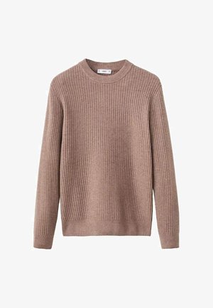 Bruine geribbelde gebreide trui met een ronde halslijn en lange mouwen. Zachte textuur met subtiele stretch en een rechte zoom.