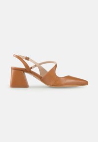 Pantofii din piele maro, cu toc bloc, vârful ascuțit și curele încrucișate. Textură netedă și design minimalist.