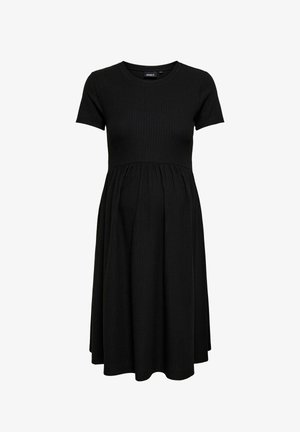Svart gravidklänning till knälängd med korta ärmar, ribbad struktur och insvängd midja för en bekväm passform.