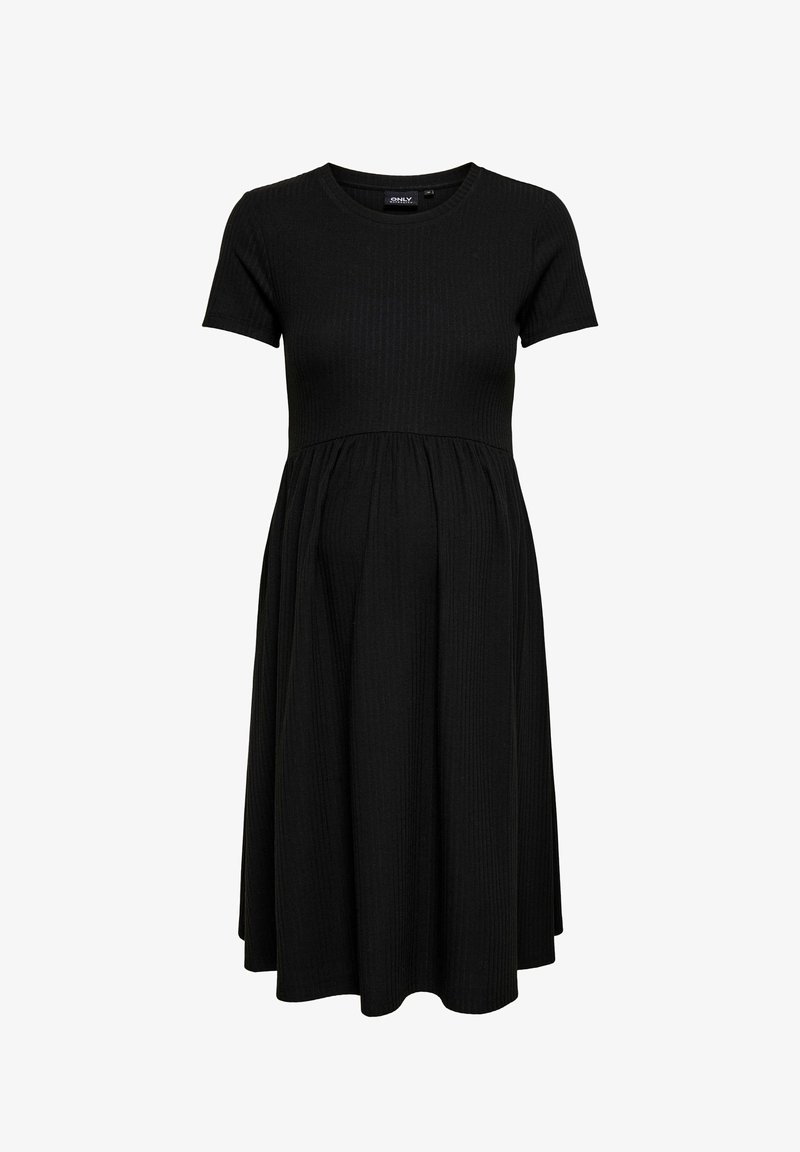 Μαύρο εγκυμοσύνης φόρεμα μήκους μέχρι το γόνατο με κοντά μανίκια, υφή rib και σφηκοειδή μέση για άνετη εφαρμογή.