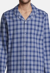 Camicia a quadri blu e bianca con colletto morbido, maniche lunghe e taschino sul petto. Tessuto morbido con motivo a scacchi.