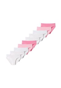 Tio par flickors korta underkläder i rosa och vitt, med enfärgade och prickiga mönster på utvalda plagg; mjukt bomullsmaterial.