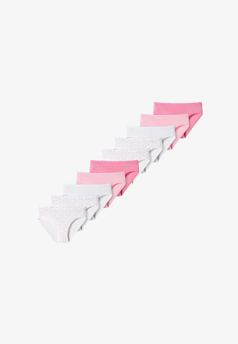 Zehn Paar Mädchenunterwäsche in Rosa und Weiß, mit einfarbigen Designs und einem gepunkteten Muster auf ausgewählten Teilen; aus weichem Baumwollmaterial.