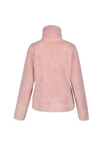 Chaqueta de forro polar rosa con un cuello alto, mangas largas y un acabado suave y texturizado. El diseño es sencillo, sin hardware ni bolsillos visibles.