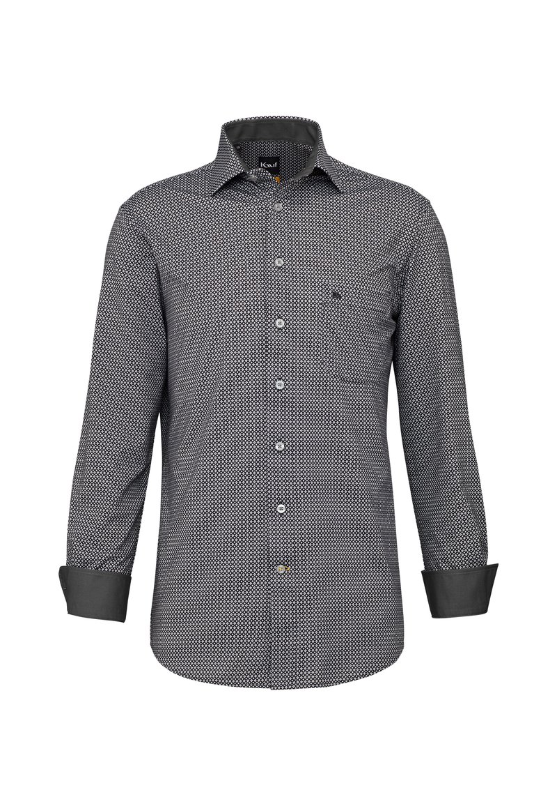 Camicia a maniche lunghe con motivo pied-de-poule bianco e nero, dotata di una pattina con bottoni, colletto e una tasca sul petto; polsini neri a contrasto.
