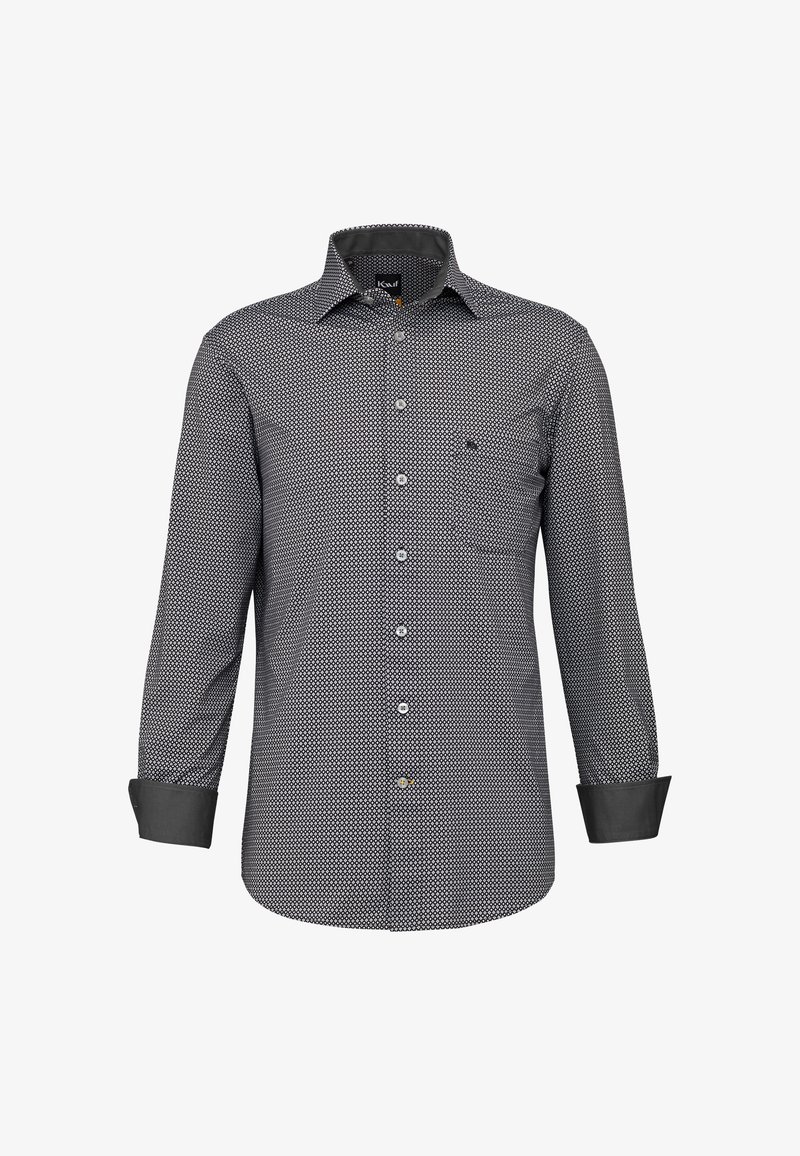 Camicia a maniche lunghe con motivo pied-de-poule bianco e nero, dotata di una pattina con bottoni, colletto e una tasca sul petto; polsini neri a contrasto.