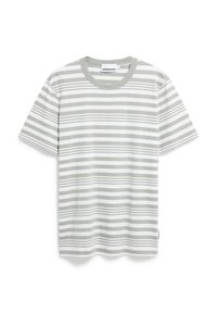 Gestreept t-shirt in lichtgrijs en wit, gemaakt van zacht katoen. Heeft een klassieke ronde hals en korte mouwen met horizontale strepen.