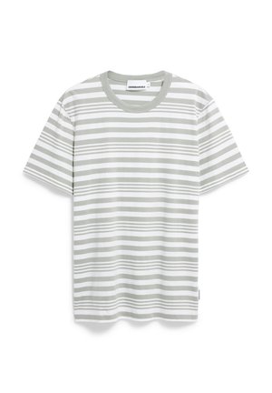 Gestreept t-shirt in lichtgrijs en wit, gemaakt van zacht katoen. Heeft een klassieke ronde hals en korte mouwen met horizontale strepen.