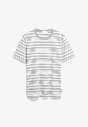 Gestreept t-shirt in lichtgrijs en wit, gemaakt van zacht katoen. Heeft een klassieke ronde hals en korte mouwen met horizontale strepen.