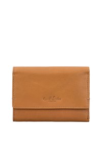 Skórzany portfel w kolorze brązowym o gładkiej fakturze, z zagięciem, ozdobiony wytłoczonym logo; cechuje go staranne przeszycie i minimalna ilość okuć.