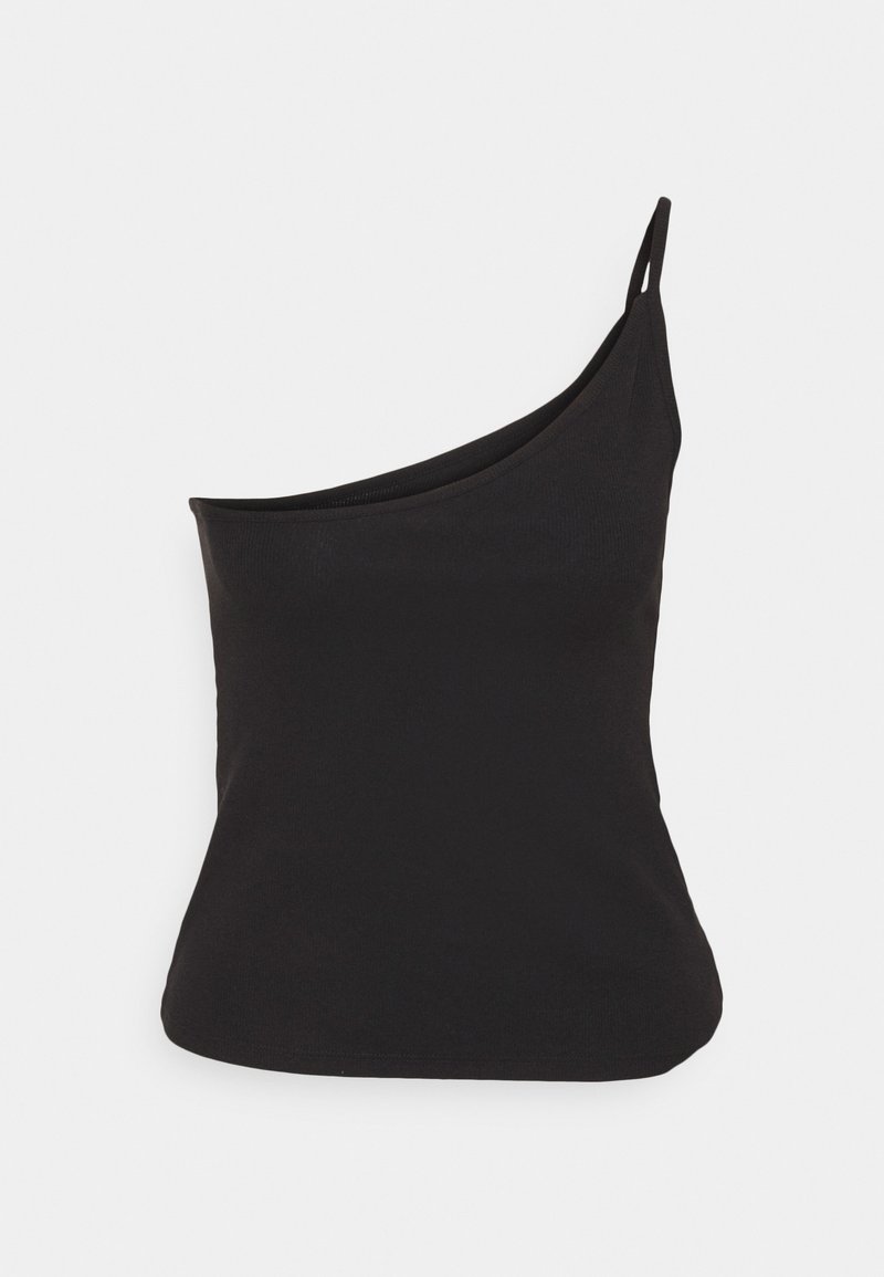 Haut asymétrique noir sans manches avec une fine bretelle unique sur l’épaule droite, silhouette cintrée sur un fond clair.