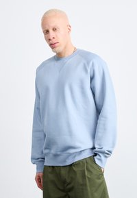 Lys blå sweatshirt med rund hals og raglanærmer, lavet af blødt stof, med ribbet kant og manchetter, parret med grønne bukser.