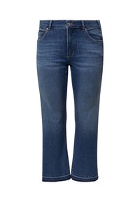 Jeans dżinsowe w średnim niebieskim odcieniu o prostym kroju i podwiniętych nogawkach. Posiadają pięć kieszeni oraz metalowy guzik zapięcia. Gładka tekstura.