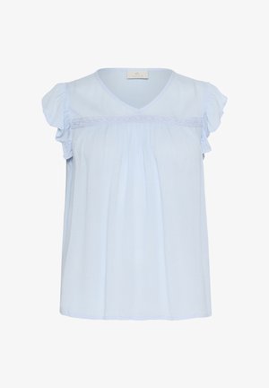 Light blue blouse made of soft fabric. Features short ruffled sleeves and a V-neck, with lace detailing under the bust. Casual fit.