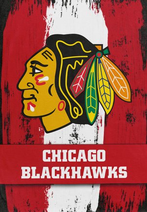 Logo of Chicago Blackhawks on a distressed red and white background. Features a profile of a Native American with colorful feather accents.