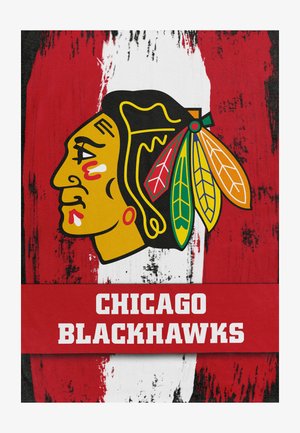 Logo of Chicago Blackhawks on a distressed red and white background. Features a profile of a Native American with colorful feather accents.