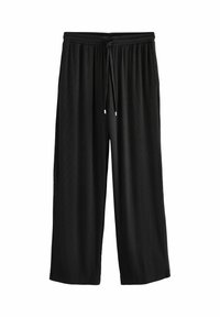 Pantalons larges noirs en tissu texturé, dotés d'une taille élastique avec cordon de serrage et embouts en argent.