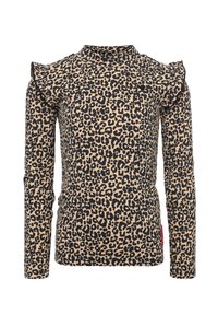 Beige langemouwen top met luipaardprint en zwarte vlekken; voorzien van rimpelaccenten op de schouders en een hoge halslijn. Zacht katoenmateriaal.