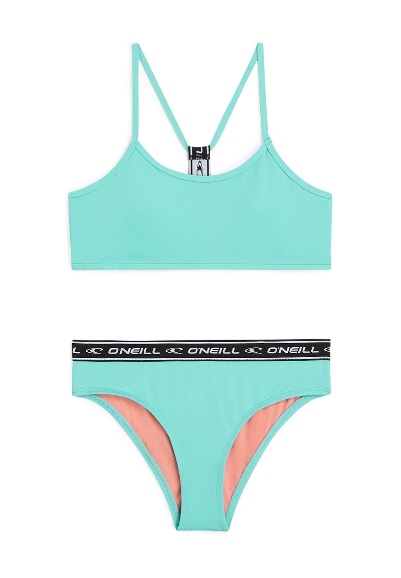 Mätovo zelený bikiny set s braletkovým topom s tenkými nastaviteľnými popruhmi a zodpovedajúcim spodným dielom s čierno-bielym logom na páske.