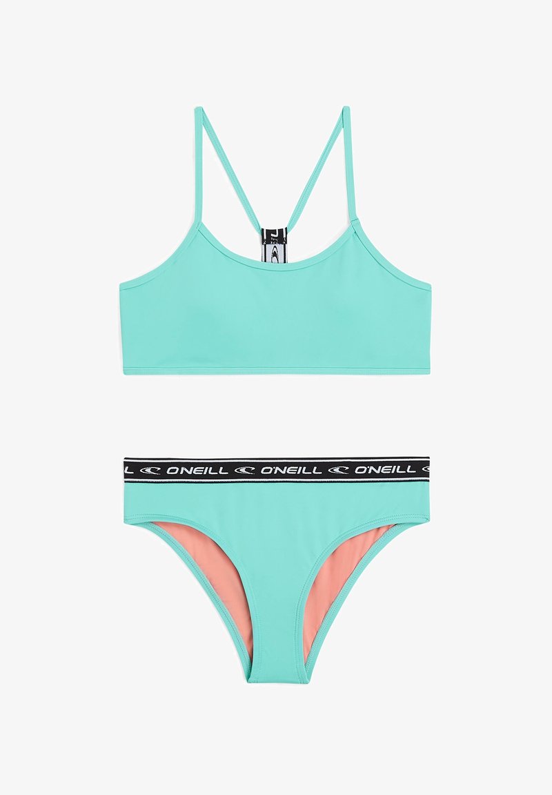 Mintgrön bikiniuppsättning med en bralette-top med tunna justerbara band och en matchande botten med en svart och vit märkesmidja.