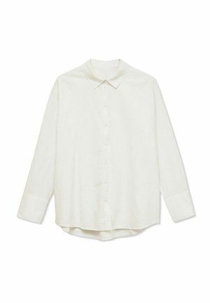 White long-sleeve button-up shirt with collar, straight cuffs, and slightly curved hem, laid flat on a white background.