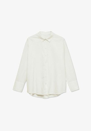White long-sleeve button-up shirt with collar, straight cuffs, and slightly curved hem, laid flat on a white background.