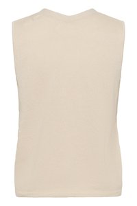 Gilet beige sans manches en maille avec col en V et ourlet côtelé, vu de dos.