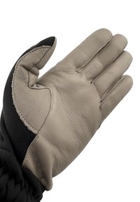 Gant en cuir avec une paume grise et une manche en tissu noir. La conception des doigts permet une dextérité, montrant des coutures visibles et une surface texturée.
