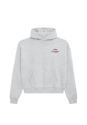 Šedá mikina s kapucí z měkké tkaniny, s přední kapsou, žebrovanými manžetami a malým vínovým logem s textem na hrudi.